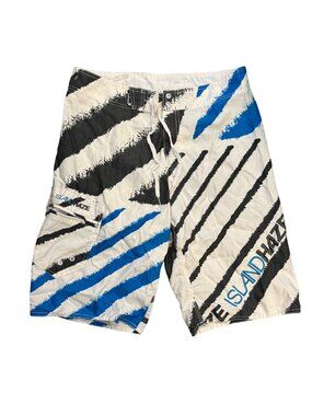 Vintage Island Haze Mens Swim Trunks Large Black/Blue/White Striped Polyester Bo